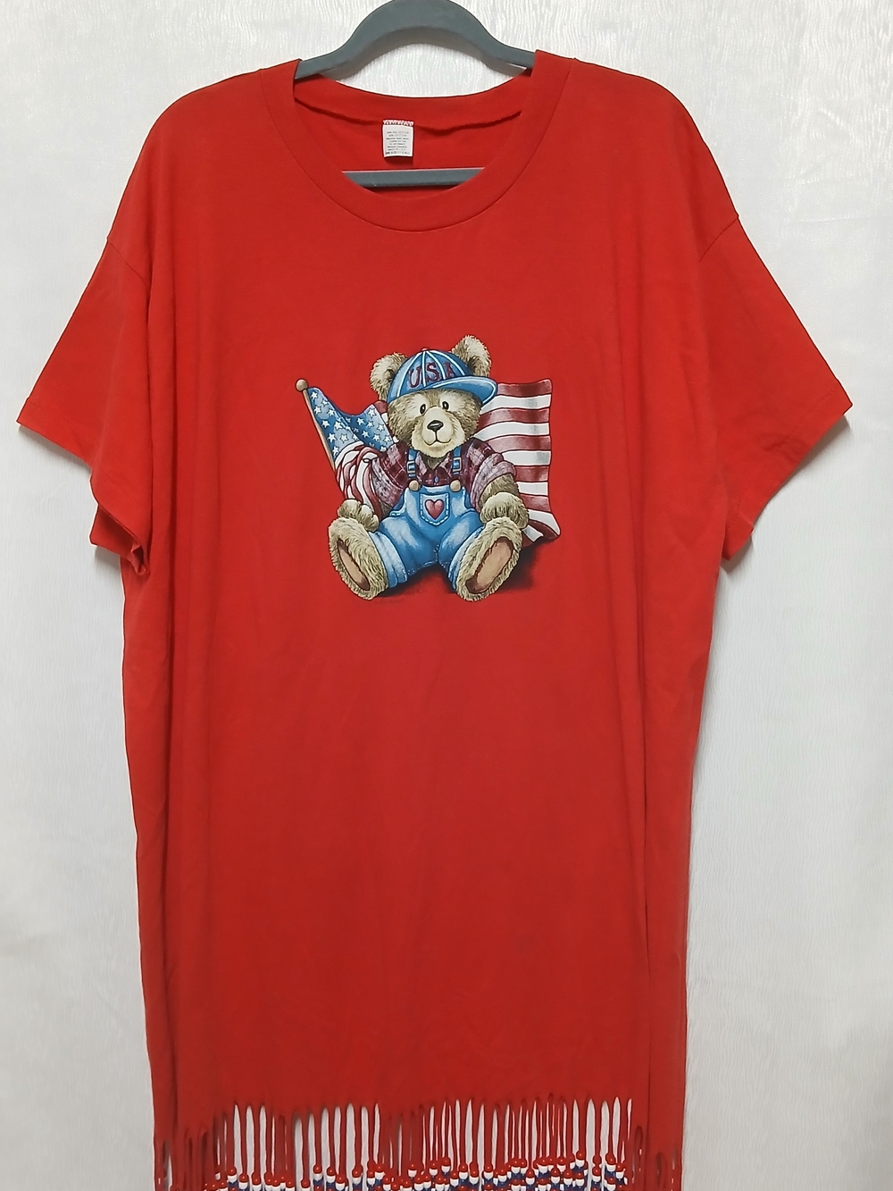 Vintage 90s USA Patriotic Teddy Bear Graphic Fringe Tunic Tee One Size Red
